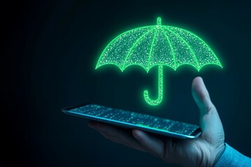 umbrella icon emerging from a digital tablet. Digital weather prediction Virtual Weather and Safety Monitoring, Smart Coverage and Claims Processing, Security and Disaster Preparedness.