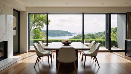 Luxurious living room interior with table chairs  panoramic window view