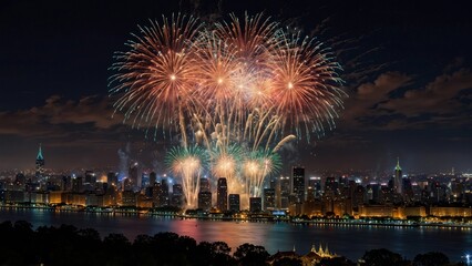 Naklejka premium New year fireworks display over the city 