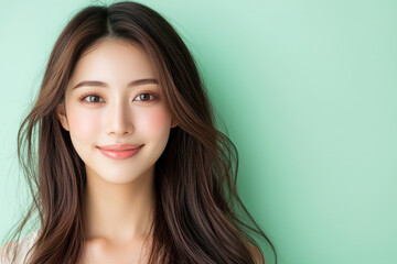 A portrait of a smiling asian woman against a mint green background, showcasing healthy skin and vibrant hair.