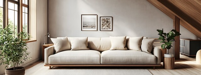 Elegant and refined modern living space with sumptuous beige linen sofa polished wood accents and vibrant textiles showcasing a high ceilinged room with abundant natural light streaming in