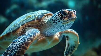 Fototapeta premium A graceful turtle swimming in clear blue waters, showcasing vibrant patterns on its shell and a serene expression.