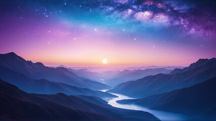 Stunning twilight landscape, vibrant colors with river and starry sky, serene atmosphere, copy space