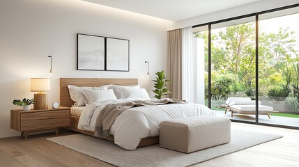 Fototapeta premium Bedroom with clean lines, neutral palette, modern accents, 3D illustration