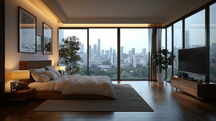 Naklejka premium Bedroom with large glass windows, urban city view, 3D illustration