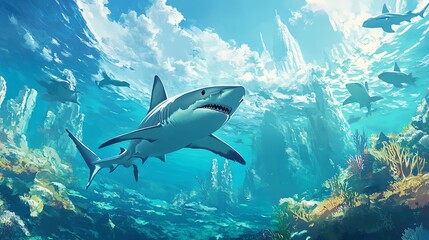 Fototapeta premium A majestic shark gliding gracefully through vibrant coral reefs under the shimmering ocean waves, showcasing marine beauty.