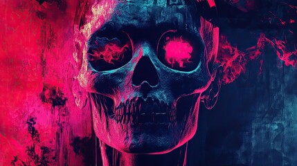 A skull with glowing eyes and a red background