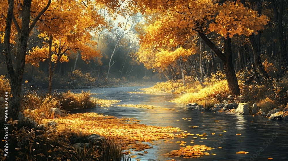 Sticker Golden autumn leaves fall into a calm river in a forest.