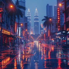 A Rainy Urban Nightscape featuring the magnificent Petronas Towers in Kuala Lumpur City