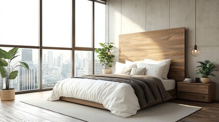 Bedroom with sleek furniture, urban view, neutral tones, 3D illustration