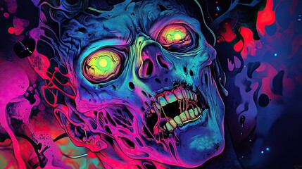 A skull with glowing eyes and teeth is shown in a colorful