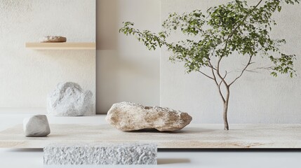 A minimalist interior scene featuring a small tree, rocks, and wooden elements against a neutral background.