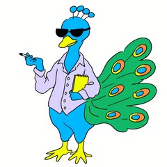 Happy Peacock Doodle with Sunglasses and Notepad