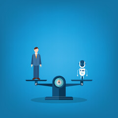 Balance scales man vs Ai bot. Competition concept artificial intelligence digital technology. Ai robot standing on the scale and equal to businessman.