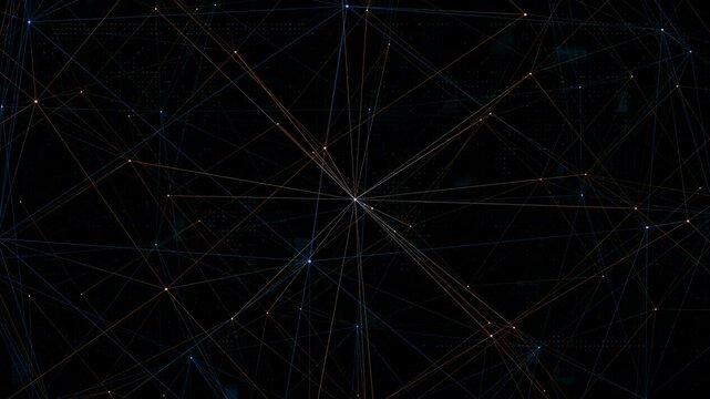 Motion graphic of Blue and orange dot and line connection with polygonal technology abstract background
