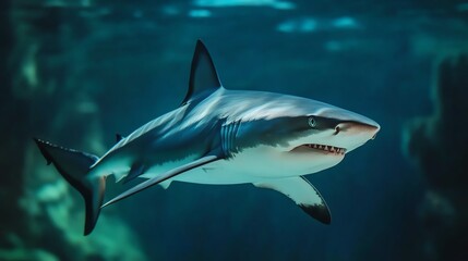 Naklejka premium A powerful shark gliding through crystal-clear waters, showcasing its streamlined body and sharp features in its natural habitat.