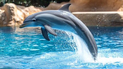 A playful dolphin leaps joyfully from the blue water, showcasing its grace and agility in a vibrant marine environment.