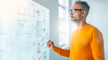 Business Professional Presenting Data on Whiteboard - Modern Office Presentation Design for Marketing and Strategic Planning