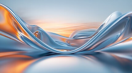 A futuristic abstract landscape with molten metal-like smooth curves and glowing light reflections. No people, no logo.