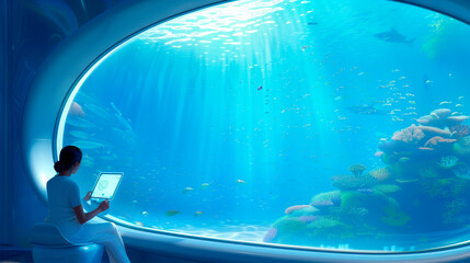 Futuristic Ocean Aquarium with Woman Researcher and Tablet - Underwater Science and Technology