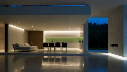 Another minimalist house interior with neon lighting.