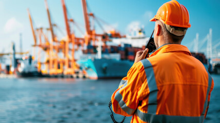 A construction worker in an orange safety vest and hard hat talks on a phone by a busy harbor with cargo ships.