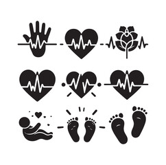 Set of heart pulse with heart and babys feet vector flat style silhouette vector illustration
