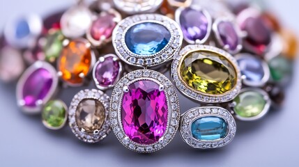 A stunning collection of colorful gemstones set in elegant rings, showcasing vibrant hues and intricate designs.