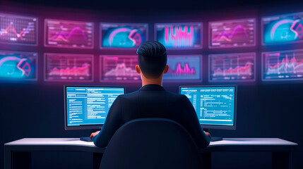 Naklejka premium Technology Professional Analyzing Data at Workstation with Multiple Monitors - Stock Market Analysis Concept