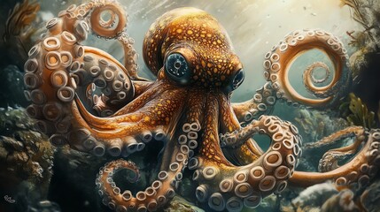 A stunning underwater scene featuring a vibrant octopus amidst colorful coral and marine life, showcasing its beauty and grace.