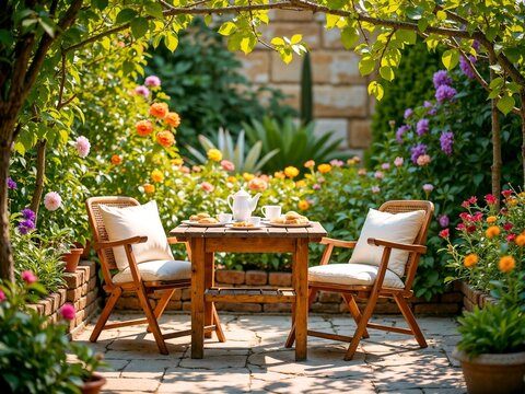 A beautifully arranged garden setting with vibrant flowers and a wooden table and chairs set for two people, inviting a tranquil and pleasant outdoor dining experience among nature. - Powered by Adobe