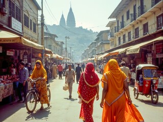 Obraz premium A bustling street market showcases traditional architecture, vibrant clothing, and daily life, as people walk among stalls under the clear sky and iconic landmarks in background.