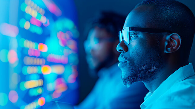 Focused IT Professionals Analyzing Data on Digital Screen in Cybersecurity Operations Center - Powered by Adobe