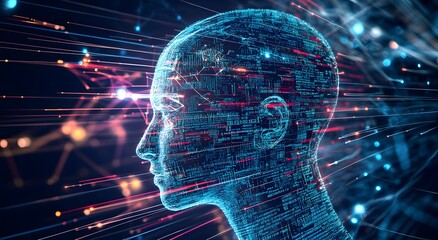 Abstract digital human head with glowing cybernetic elements on dark background, artificial intelligence concept. High quality illustration for banner design. copy space, high resolution
