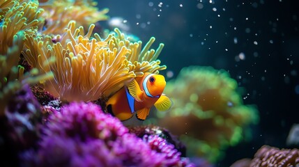A vibrant clownfish swims among colorful coral reefs, showcasing the beauty of underwater life and marine biodiversity.