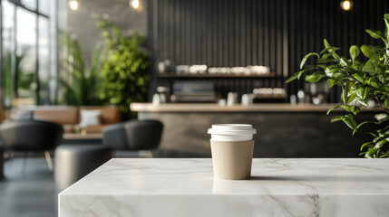 A modern coffee shop interior with industrial design, a latte cup sitting on a sleek marble counter