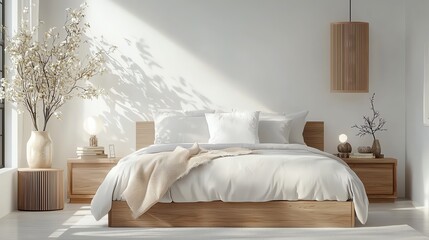 Minimalist modern bedroom, natural light, simple decor, 3D illustration