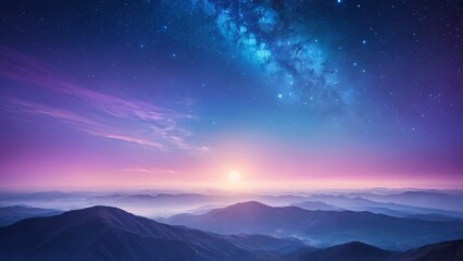 Fototapeta premium Radiant sunrise landscape, vibrant colors with mountains and starry sky, serene atmosphere, copy space