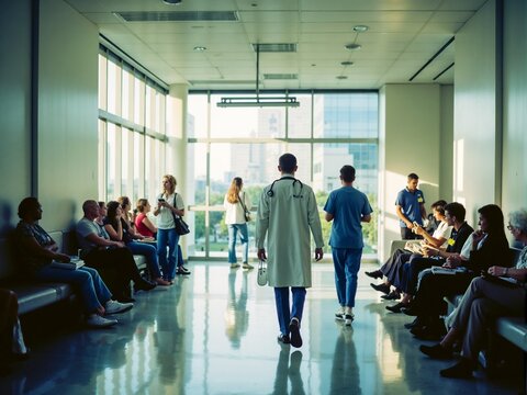 A busy hospital scene featuring doctors walking in the corridor with patients seated, highlighting healthcare services, urgency, and the dedication of medical professionals.