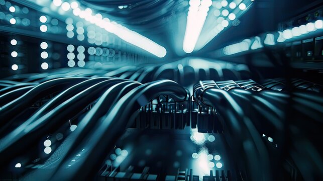 Close-up of a server room with cables symbolizing global connectivity.  - Powered by Adobe