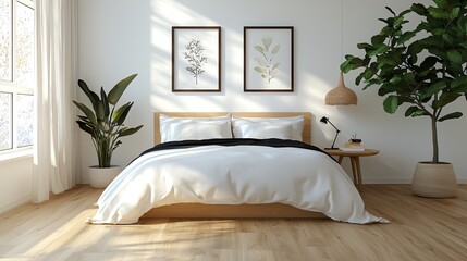 Modern bedroom, light wood floors, minimal art, 3D illustration