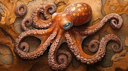 Obraz premium A vibrant octopus showcasing its intricate patterns and textures against a stunning underwater backdrop.