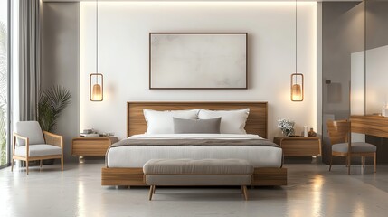 Fototapeta premium Modern bedroom, lowprofile bed, statement art, 3D illustration