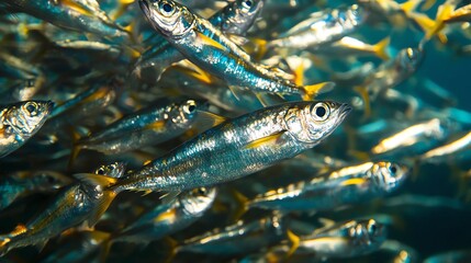 Fototapeta premium A vibrant school of fish swims gracefully in clear water, showcasing shimmering scales and dynamic movement in an underwater scene.