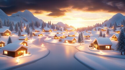 A snow-covered Christmas village with lights twinkling in the windows, creating a warm, festive holiday atmosphere.