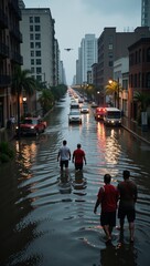Hurricane flood scene with search-and-rescue operations using drones to assess damaged areas and provide assistance to displaced citizens