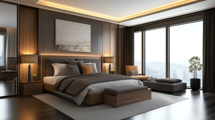 Fototapeta premium Modern bedroom with dark wood finishes, simple decor, 3D illustration