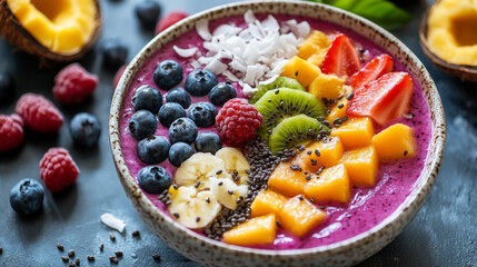 A stylish smoothie bowl with tropical fruits and coconut flakes, arranged in a neat pattern on a ceramic dish,