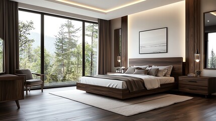 Modern bedroom with dark wood finishes, simple decor, 3D illustration