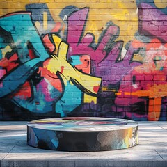 Podium, pedestal or platform in front of a colorful graffiti wall